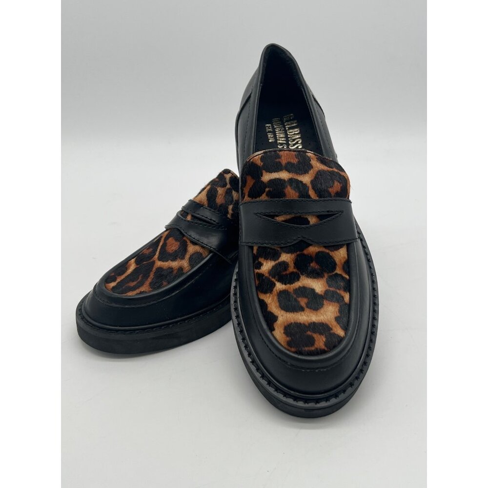 G.H. Bass Originals Womens Leopard Print Penny Loafers Size 6 Black Leather & Fa